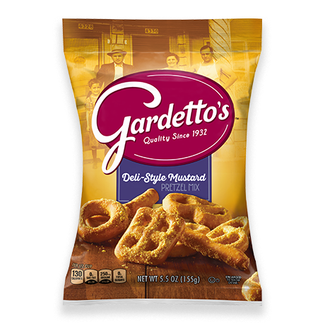 Gardetto's Deli Style Mustard flavor pretzel mix, front of pack