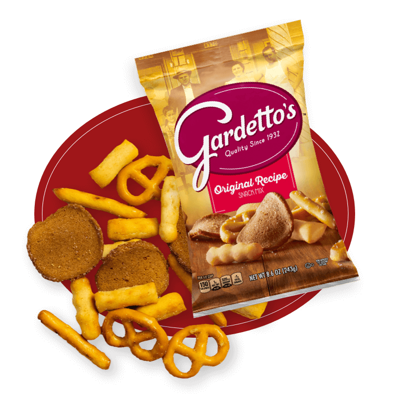 A front of pack with Gardetto's chips scattered on the side on a maroon and tan background