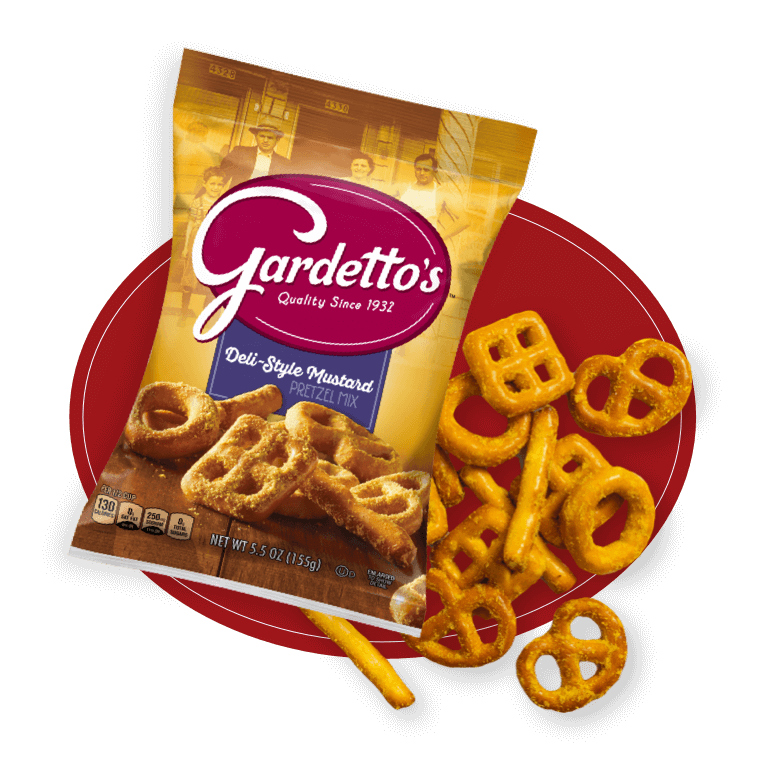 Gardettos Deli Style Mustard flavor front of pack with pretzels scattered on the side