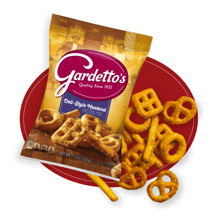 Gardetto's Deli Style Mustard flavor, front of pack, with pretzels scattered on the side